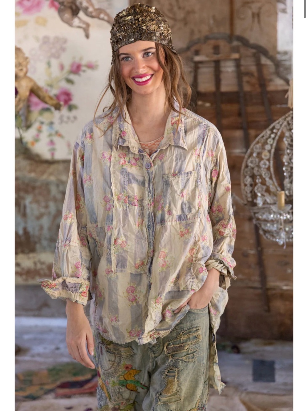 Magnolia Pearl Distressed Floral Button-Up Shirt in Beige and Pink